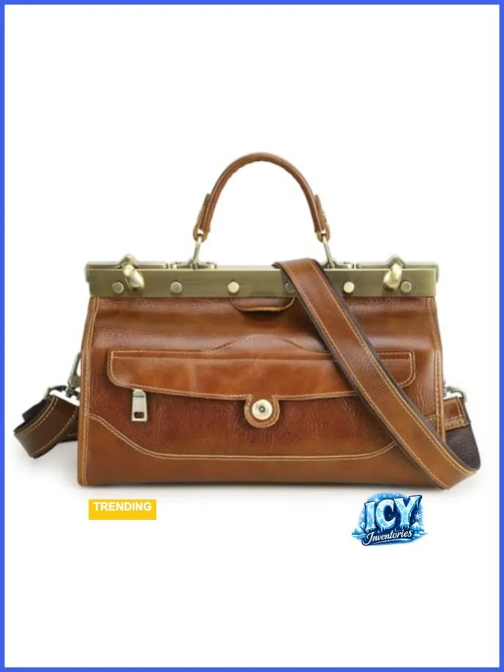 Vintage Full Grain Leather Doctor Bag Purse Top Handle Satchel Brown